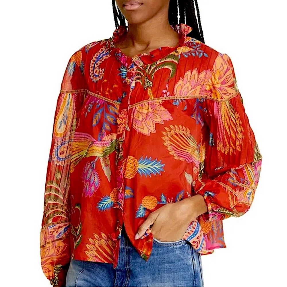 FARM Rio Paisley Long Sleeve Button Up Blouse, NEW